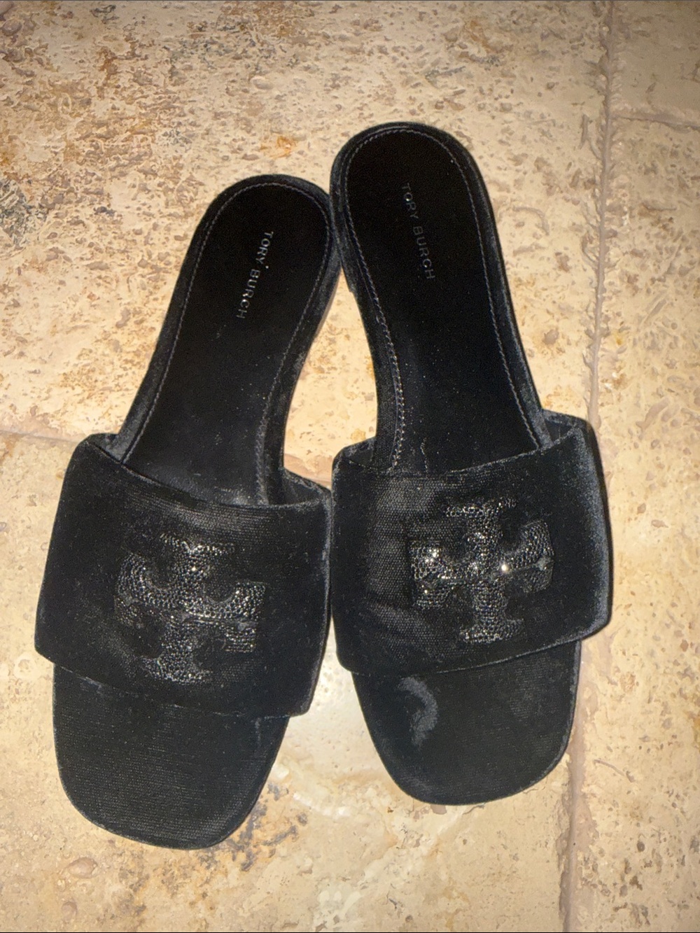 Tory Burch Black Velvet Logo Slide Mules